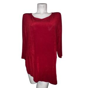 Chicos Travelers Red Asymmetrical Hem Tunic Top 3/4 Sleeve Size XL (3) Slinky